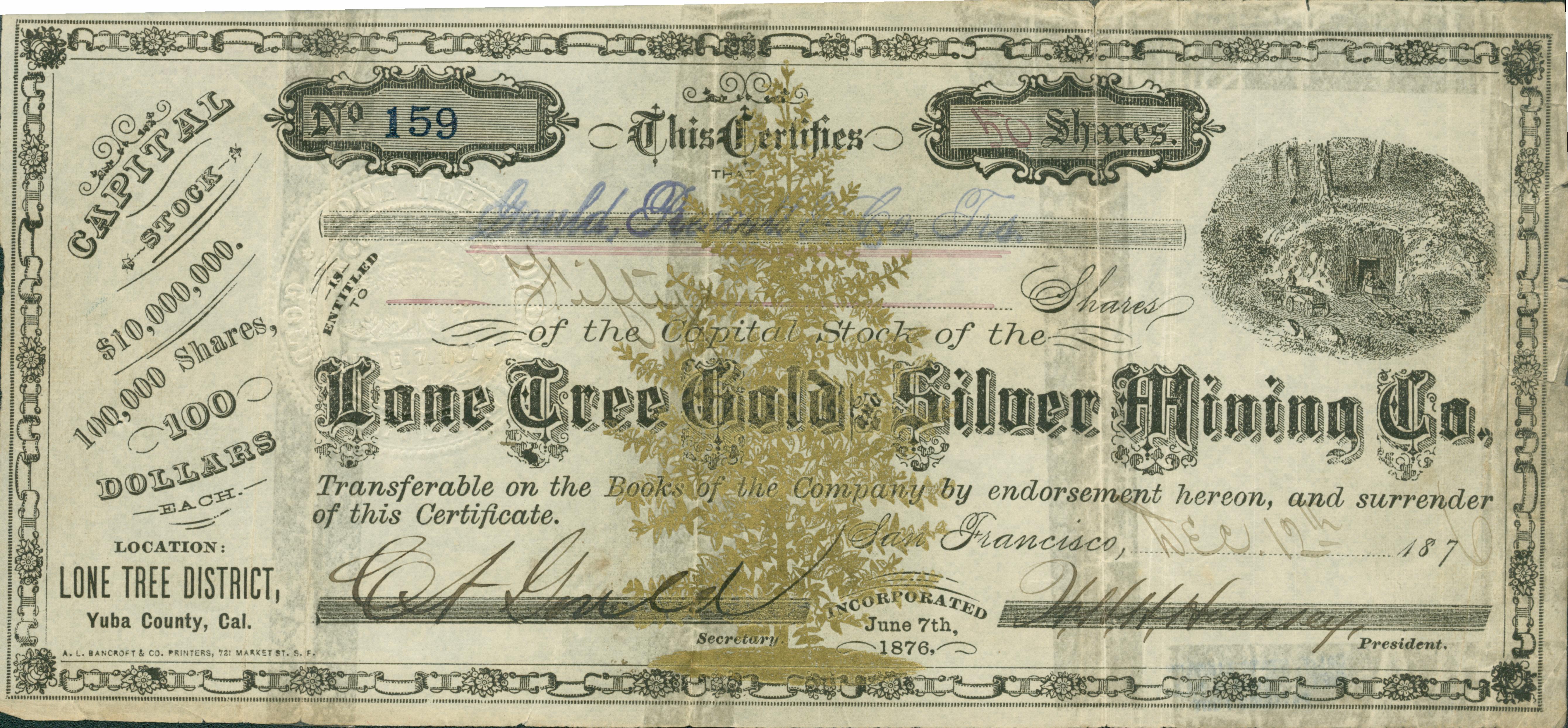 Certificate, No. 159 for 50 Shares for Gould, Piesethler [?], Jrs.
A.L. Bancroft & Co. Printers, San Francisco.